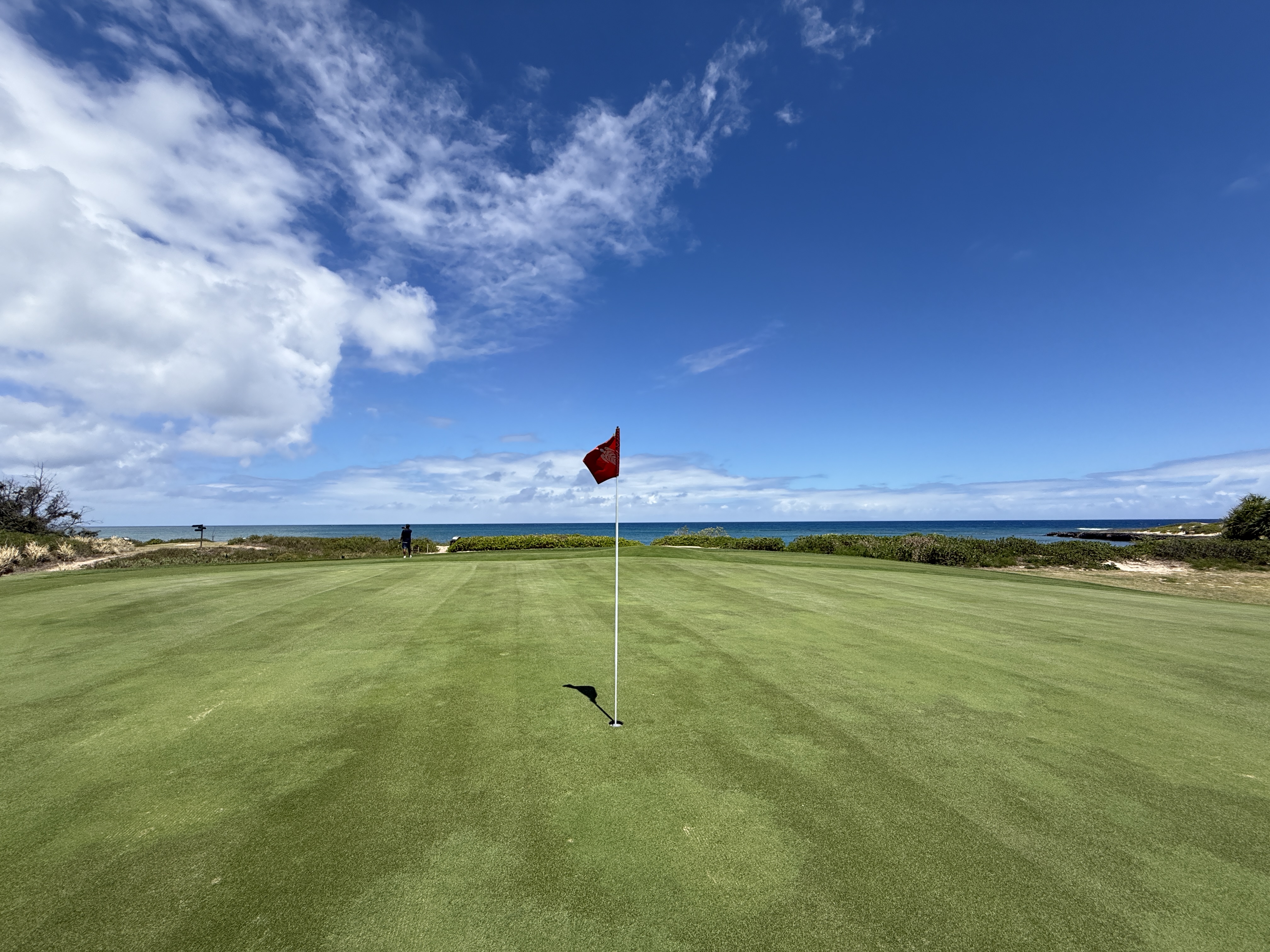Golf green with ocean view and red flag under blue sky